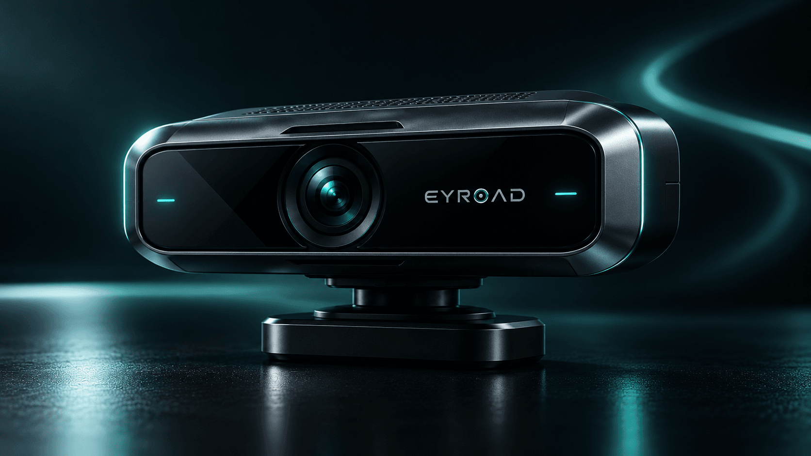 Design concept of the EyRoad device: a compact black housing with a central lens and two teal indicator marks