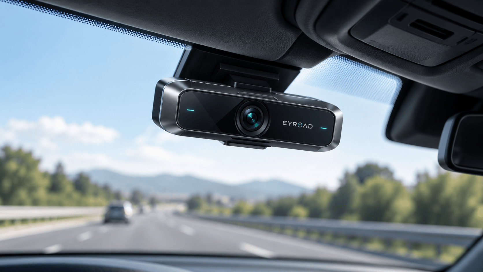 Design concept of the EyRoad device mounted near the rear-view mirror, with a daylight road ahead