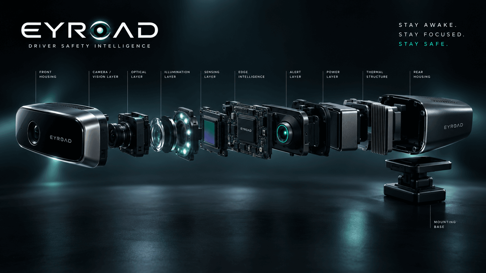 Conceptual exploded view of the EyRoad device, showing ten functional layers separated along one axis